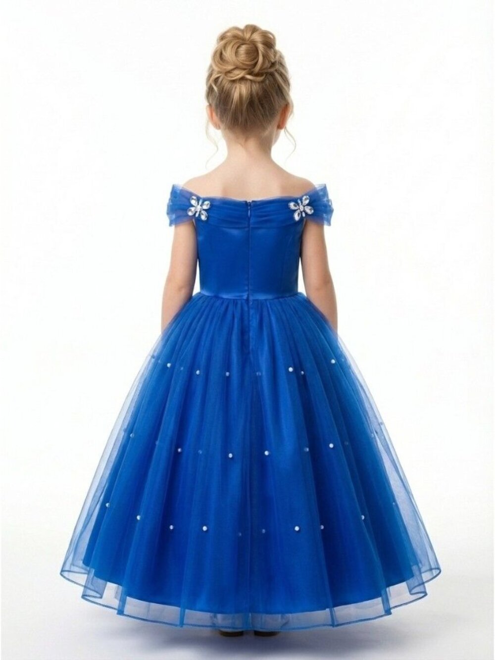 Girls Royal Blue Party Dress with Pearl Tulle Skirt - Picture 3 of 3
